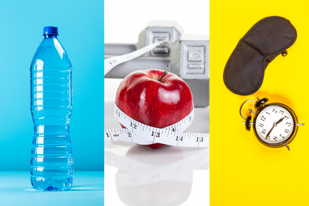 water, apple, alarm clock and sleep mask